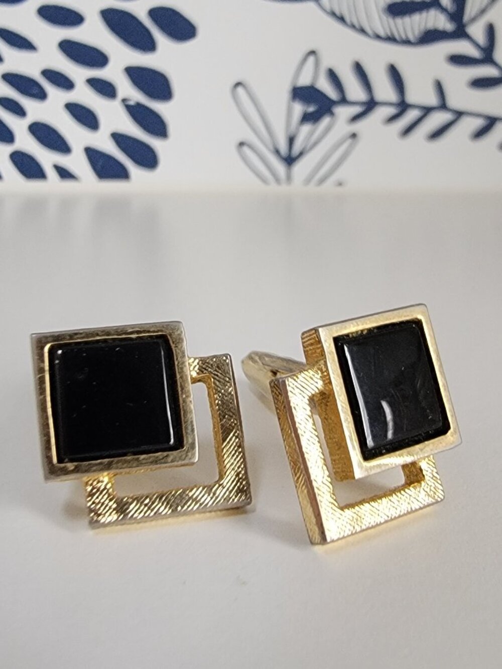 Cufflinks gold and black diamond-shaped; men's jewelry accessories